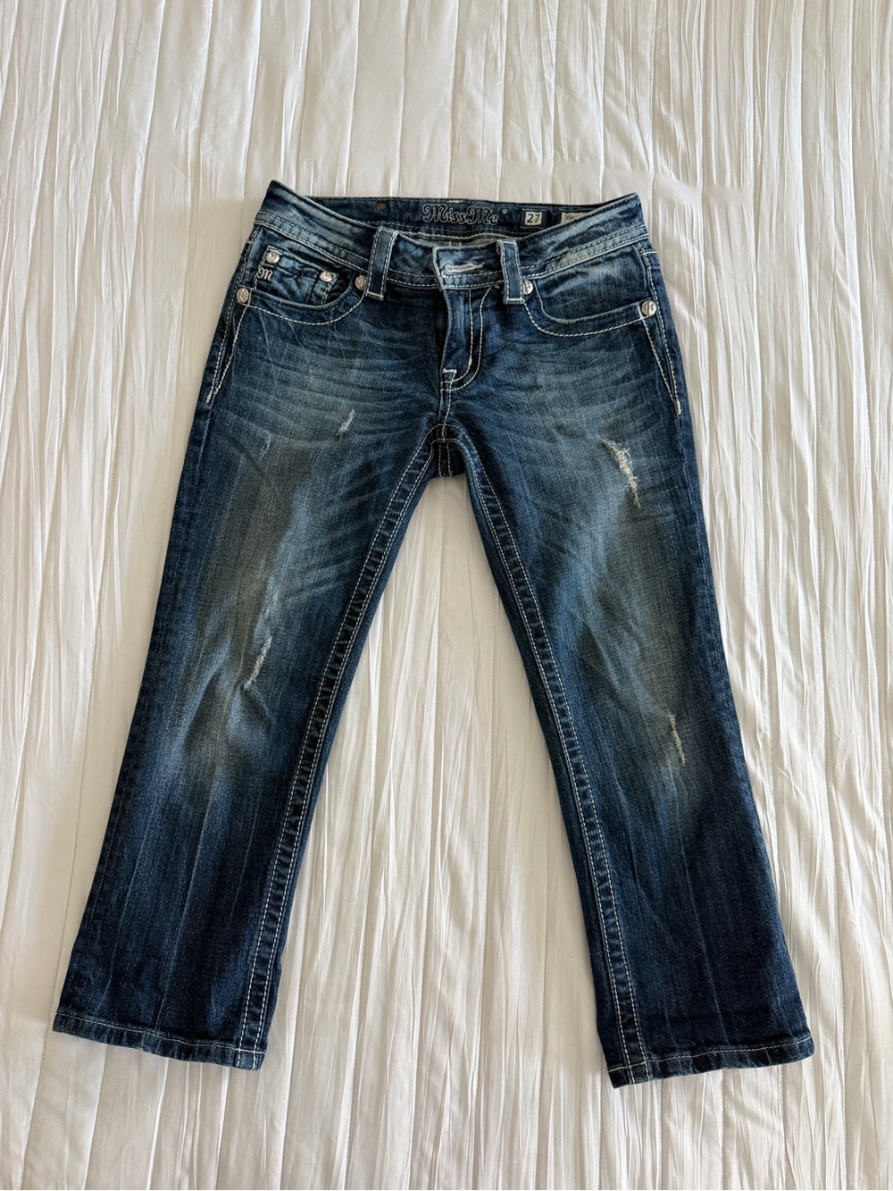 Miss Me Dark Blue Distressed capri